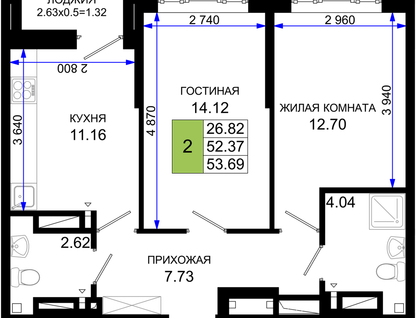 2-комнатная квартира, 53&nbsp;м²