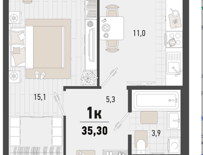 1-к. квартира, 35,3 м²