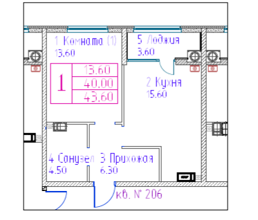 1-к. квартира, 43,6 м²