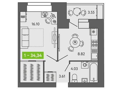 1-к. квартира, 34,3 м²