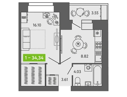 1-к. квартира, 34,3 м²