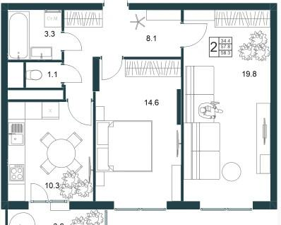 1-к. квартира, 58,3 м²