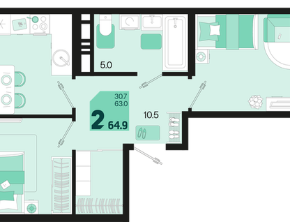 2-к. квартира, 64,9&nbsp;м²