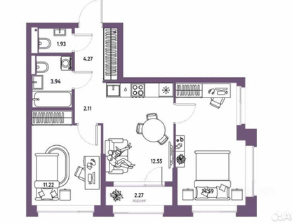 3-к. квартира, 53,8 м²
