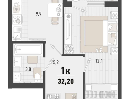 1-к. квартира, 32,2 м²
