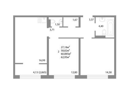 2-к. квартира, 60,9 м²