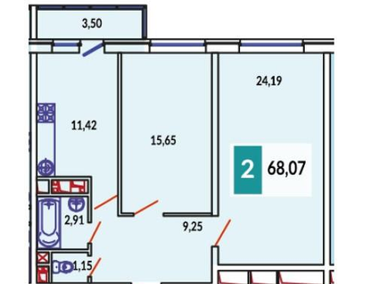2-к. квартира, 67,5 м²