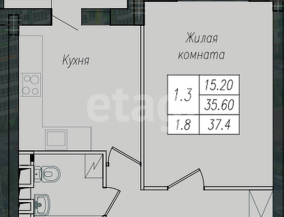 1-к. квартира, 37,4 м²
