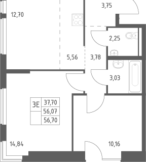 2-к. квартира, 56,1 м²