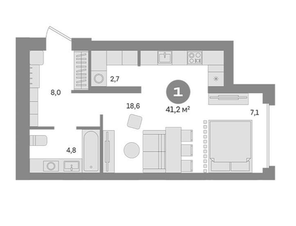 1-к. квартира, 41,2&nbsp;м²
