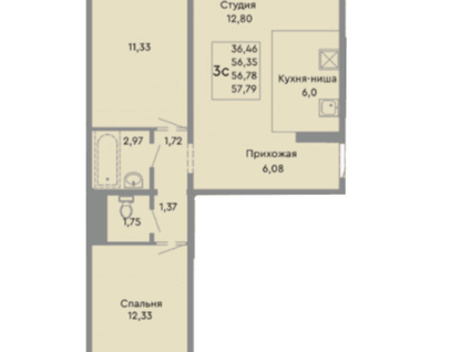 3-к. квартира, 56,8&nbsp;м²