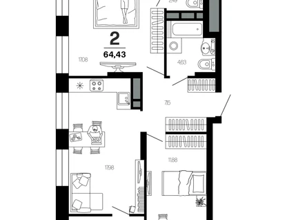 2-к. квартира, 64,4&nbsp;м²