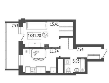 1-к. квартира, 41,3&nbsp;м²