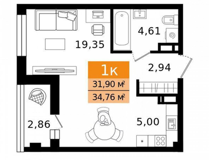 1-к. квартира, 34,8&nbsp;м²