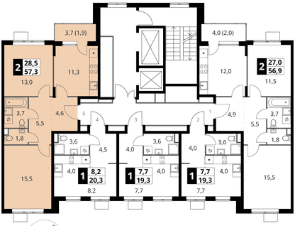 2-к. квартира, 57&nbsp;м²
