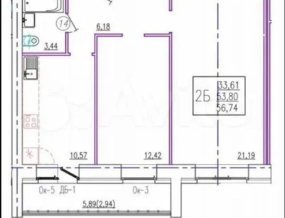 2-к. квартира, 57 м²