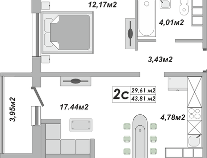 2-к. квартира, 43,8&nbsp;м²