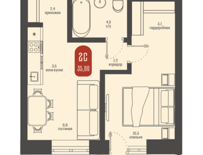 2-к. квартира, 35&nbsp;м²