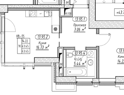 1-к. квартира, 43,5&nbsp;м²