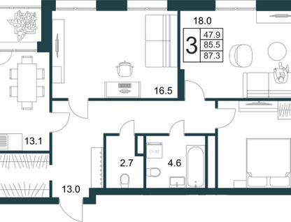 3-к. квартира, 90 м²