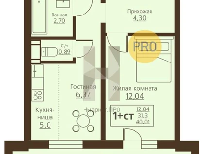 1-к. квартира, 40&nbsp;м²
