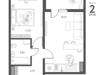 1-к. квартира, 39,5&nbsp;м²