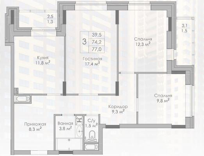 1-к. квартира, 77&nbsp;м²