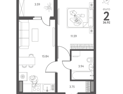 2-к. квартира, 36,9&nbsp;м²