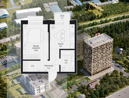 1-к. квартира, 36,3 м²