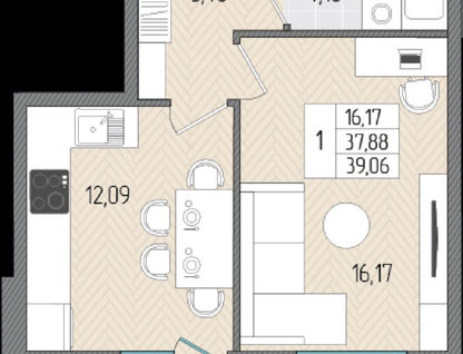 1-к. квартира, 39,1&nbsp;м²