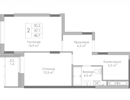 2-к. квартира, 48,7 м²