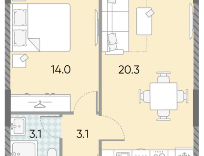 1-к. квартира, 39,8&nbsp;м²