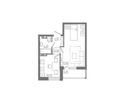 1-к. квартира, 43,6&nbsp;м²