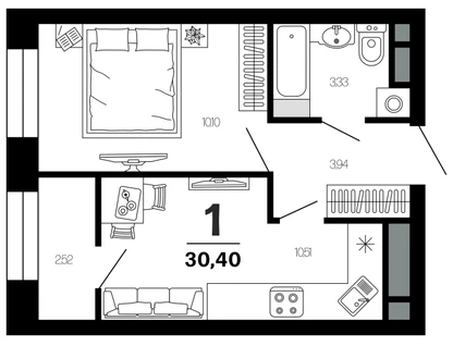 1-к. квартира, 30,4&nbsp;м²