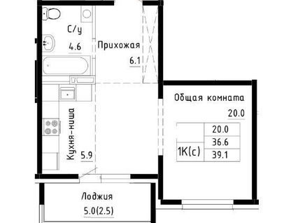 1-к. квартира, 39,1&nbsp;м²