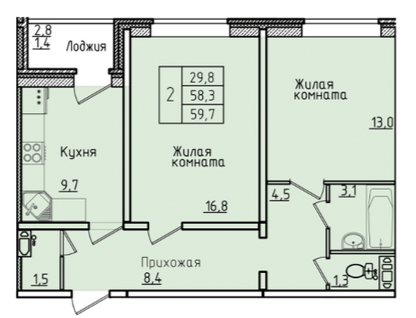 2-к. квартира, 58,3&nbsp;м²