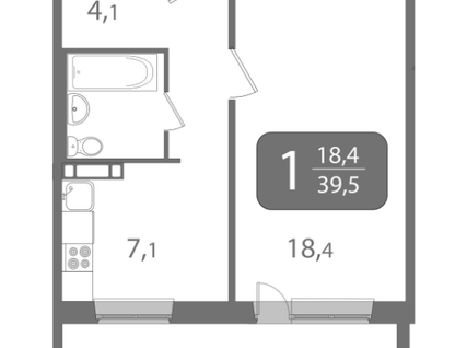 1-к. квартира, 39,5&nbsp;м²