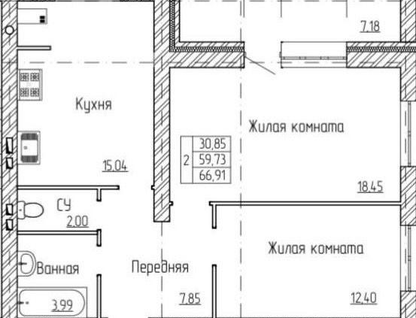 2-к. квартира, 64 м²