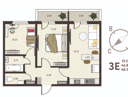 2-к. квартира, 48 м²