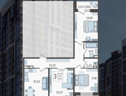 3-к. квартира, 79&nbsp;м²