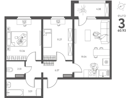 2-к. квартира, 60,9&nbsp;м²