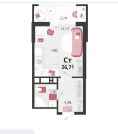 Студия, 26,7&nbsp;м²