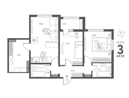 2-к. квартира, 69,9 м²
