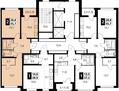 2-к. квартира, 55&nbsp;м²