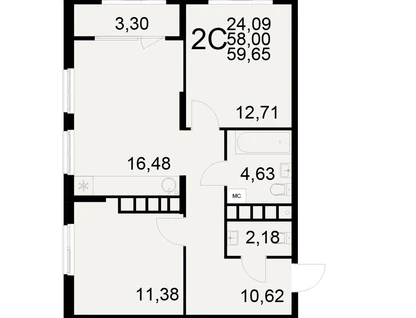 2-к. квартира, 59,6&nbsp;м²