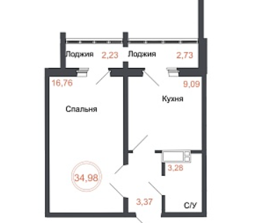1-к. квартира, 35&nbsp;м²