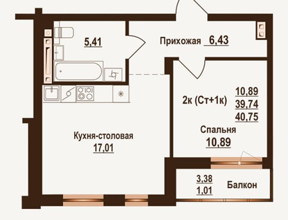 1-к. квартира, 40,7 м²