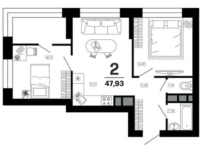 2-к. квартира, 47,9&nbsp;м²