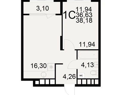 1-к. квартира, 38,2&nbsp;м²