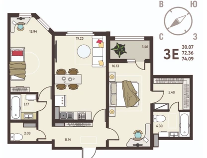2-к. квартира, 74,1&nbsp;м²